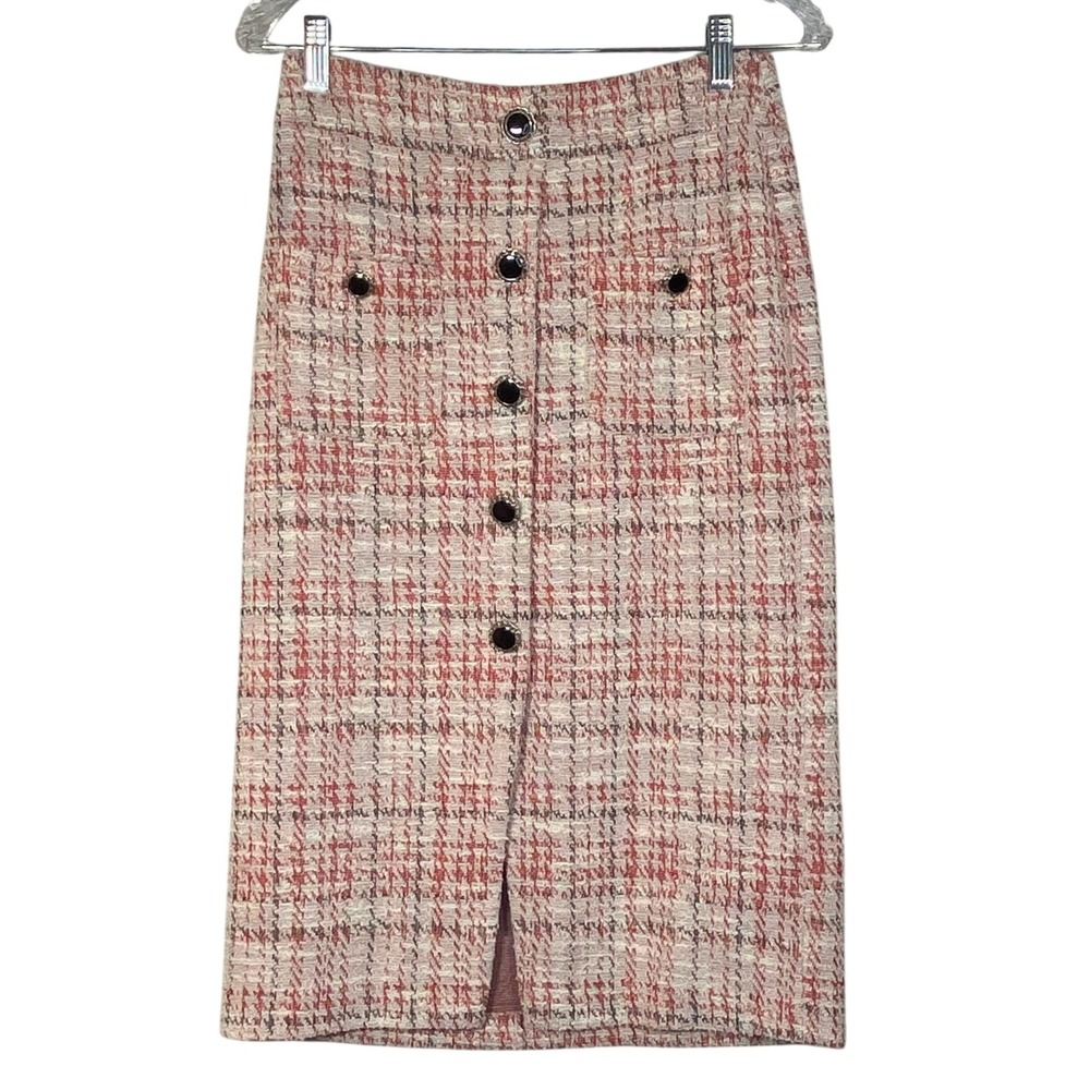 c est 1946 Pink Herringbone Pull On Pencil Skirt Womens Sz XS Decorative Buttons